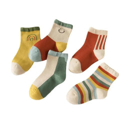 MOMISY 5 Pairs Girl Boys Tube Socks Toddlers Infant Solid Color Boat Spring and Autumn Socks Stretch Baby kids Sock (IN, Age, 3 Years, 5 Years, Rainbow Smiley)