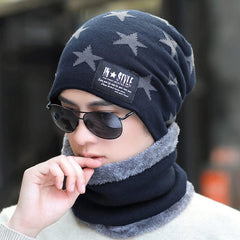 MOMISY Unisex Woolen Beanie Cap Plus Muffler Scarf Set for Men Women (Navy Blue)