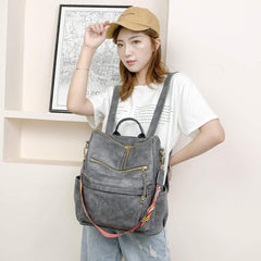 MOMISY Backpack Purse Women Vintage Multipurpose Rucksack Design handbag and Shoulder Bag PU Leather Travel Daypack Bag Waterproof Ladies Girls College School Bag-Grey