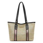MOMISY Women's Straw Large Capacity Shoulder Tote Handbag with Top Handle-Black Handle