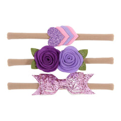 MOMISY Headbands Flowers Soft Synthetic Hairbands for Baby Girls, Infants and Toddlers, Pack of 3 - Multicolor (Free Size, Purple Pink)