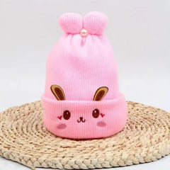 MOMISY Bunny Baby Cap, Soft Beanie Woolen Hat for Spring, Winter, Autumn, for Newborn, Infant, Toddler, Kids, Babies- 0 to 6 Months (in, Age, 0 Months, 6 Months, Light Pink)