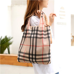 MOMISY Designer Pattern Reusable and Foldable Shopping Bag/Tote Hand bag/Travel Bag/Grocery Bag | Heavy Duty, Eco Friendly | Compact, Lightweight and Convenient (Checks Khaki)