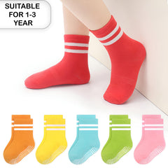 MOMISY Baby Girl Boys children Non Slip Socks Toddlers Infant Warm Cotton Stretch Anti skid Socks-6 Pairs (IN, Age, 12 Months, 3 Years, AS-2Stripe-Girls)