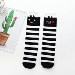 MOMISY 1 Pair of Baby Spring Winter And Autumn Combed Cotton Long Tube Knee-High Socks Suitable Age of 3 to 12 Years (LoveCatStripe, 3-12Y)
