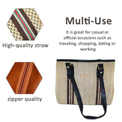 MOMISY Women's Straw Large Capacity Shoulder Tote Handbag with Top Handle-Black Handle