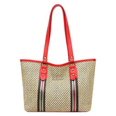 MOMISY Women's Straw Large Capacity Shoulder Tote Handbag with Top Handle-Red Handle