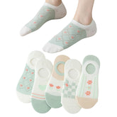 MOMISY Unisex Cotton Invisible No show Cotton Loafer Adult Socks for men & Women (Multi-colour Pack of 5)-Free Size (Flower Green)