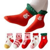 MOMISY 5 Pairs Girl Boys Tube Socks Toddlers Infant Solid Color Boat Spring and Autumn Socks Stretch Baby kids Sock (Strawberry, 6 Year to 8 Year)