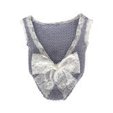 MOMISY Baby girl's Photography Photoshoot Costume,crochet Romper with lace boarder and lace bow on backside (Grey, Newborn)