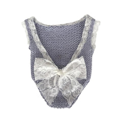 MOMISY Baby girl's Photography Photoshoot Costume,crochet Romper with lace boarder and lace bow on backside (Grey, Newborn)