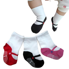 MOMISY 3 Pairs Baby Girl Tube school shoe like Socks Toddlers Infant 2 Color Ankle Socks Stretch (Multicolored, 0 Months-12 Months)