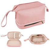 MOMISY Large Capacity Cosmetic Travel Bag, Women's Makeup Travel Bag Portable Leather Cosmetics Bag, Makeup Storage Bags with Handle and Divider, Wide Opening Cosmetic/Makeup Organizer (Pink)