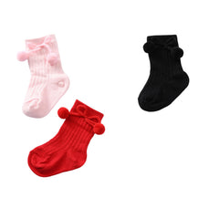 MOMISY Baby Cotton Crew/Calf Socks, Long Tube Style, 2/3 Pairs, Pom Design (IN, Age, 0 Months, 12 Months, 3, RedBlackPink)