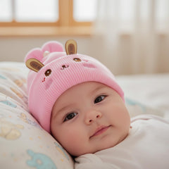 MOMISY Bunny Baby Cap, Soft Beanie Woolen Hat for Spring, Winter, Autumn, for Newborn, Infant, Toddler, Kids, Babies- 0 to 6 Months (in, Age, 0 Months, 6 Months, Light Pink)