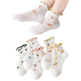 MOMISY Baby Girls Ankle Socks – Soft Cotton Blend with Decorative Chain Trim, Colorful Embroidered Patterns, 5 Pair (Multicolor)-6 to 8 Year