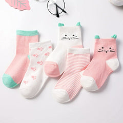 MOMISY 5 Pairs Baby Girl Boys Tube ankle Socks for Baby Girl BoysToddlers Infant kids (PinkKitten, 0 year to 1 year)