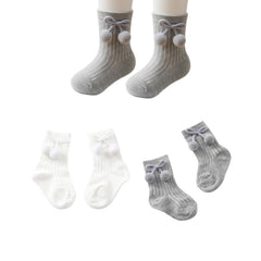 MOMISY Baby Cotton Knee-High Socks, Long Tube Style, 2/3 Pairs, Pom Design (IN, Age, 0 Months, 12 Months, 2, GreyWhite)