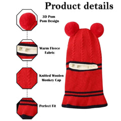 MOMISY Winter Soft Woolen Monkey Cap with Velvet Lining for Baby Boys, Girls, Infant, Toddler, 2-5 Years (in, Age, 2 Years, 5 Years, Red)