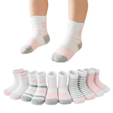 MOMISY 5 Pairs Girl Boys Tube Socks Toddlers Infant Solid Color Boat Spring and Autumn Socks Stretch Baby kids Sock (IN, Age, 0 Months, 12 Months, PinkGrey Stripe Polka)