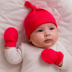 MOMISY Newborn Baby's Cotton Cap Mitten Set, 0-6 Months (IN, Age, 0 Months, 6 Months, Red)