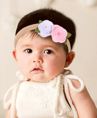 MOMISY Headbands Flowers Soft Synthetic Hairbands for Baby Girls, Infants and Toddlers, Pack of 3 - Multicolor (Free Size, Purple Pink)
