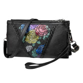 MOMISY Women Embroidery Crossbody Bag Small Shoulder Purse Soft Synthetic Leather Mobile cell phone bag For Ladies (Rose)