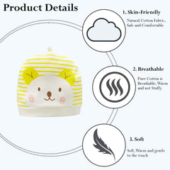 MOMISY 1 Piece Small Cartoon Design Baby Cotton Cap for Newborn Baby Boys and Girls of Age 0 to 6 Months (Cat-Yellow)