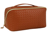 MOMISY Large Capacity Cosmetic Travel Bag, Women's Makeup Travel Bag Portable Leather Cosmetics Bag, Makeup Storage Bags with Handle and Divider, Wide Opening Cosmetic/Makeup Organizer (Woven Brown)