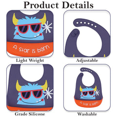 MOMISY Baby Bib For Newborn Waterproof Silicone Apron Wipeable Stain Resistant With pocket For 6 months and up (1, GreyPurpleStar)