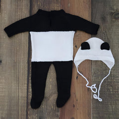 MOMISY Panda Design Baby Photography Costume Set, Black and White Jumpsuit with Matching Cap