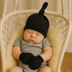 MOMISY Newborn Baby's Cotton Cap Mitten Set, 0-6 Months (IN, Age, 0 Months, 6 Months, Black)