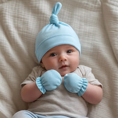 MOMISY Newborn Baby's Cotton Cap Mitten Set, 0-6 Months (IN, Age, 0 Months, 6 Months, SkyBlue)