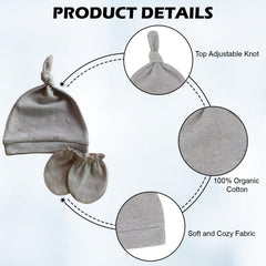 MOMISY Newborn Baby's Cotton Cap Mitten Set, 0-6 Months (IN, Age, 0 Months, 6 Months, Grey)
