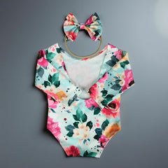 MOMISY Floral Romper with Hairband Photoshoot Photography Props Costume (Blue Flower)