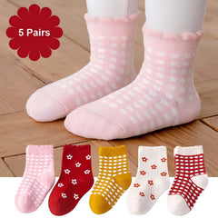 MOMISY 5 Pairs Tube Socks for Kids Toddlers Infant Baby Girl Boys (Checks Flower, 9 Year to 12 Year)
