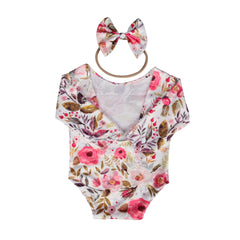 MOMISY Floral Romper with Hairband Photoshoot Photography Props Costume (White Rose)