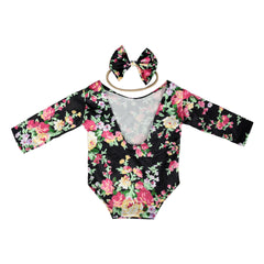 MOMISY Floral Romper with Hairband Photoshoot Photography Props Costume (Black)