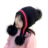 MOMISY Girl's Winter Warm Pom-Pom Balaclava Hat Full Cover Earflap Hood Cap_5-10 Years (Black)