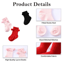MOMISY Baby Cotton Crew/Calf Socks, Long Tube Style, 2/3 Pairs, Pom Design (IN, Age, 0 Months, 12 Months, 3, RedBlackPink)