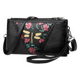 MOMISY Women Embroidery Crossbody Black Bag Small Shoulder Purse Soft Synthetic Leather Mobile Cell Phone Bag For Ladies (Dragonfly)