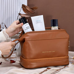 MOMISY Large Capacity Cosmetic Travel Bag, Women's Makeup Travel Bag Portable Leather Cosmetics Bag, Makeup Storage Bags with Handle and Divider, Wide Opening Cosmetic/Makeup Organizer (Brown)