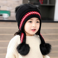 MOMISY Girl's Winter Warm Pom-Pom Balaclava Hat Full Cover Earflap Hood Cap_5-10 Years (Black)