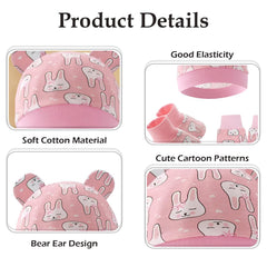 MOMISY Cotton Baby Caps, Mittens and Booties Set, 0-6 Months (IN, Age, 0 Months, 6 Months, Rabbit)