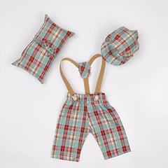 MOMISY Baby Photography Props Set, 4 Pieces, Gentleman Cap with Bow, Pillow and Dungaree (Red, 0-3 Months)