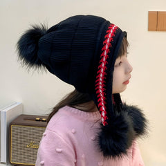 MOMISY Girl's Winter Warm Pom-Pom Balaclava Hat Full Cover Earflap Hood Cap_5-10 Years (Black)