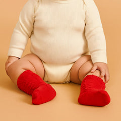 MOMISY 3 Pairs of Baby Spring Winter And Autumn Combed Cotton Long Tube Knee-High Socks (IN, Age, 0 Months, 12 Months, RedBlackOffWhite)