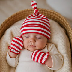 MOMISY Newborn Baby's Cotton Cap Mitten Set, 0-6 Months (IN, Age, 0 Months, 6 Months, RedStripe)