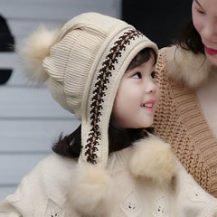 MOMISY Girl's Winter Warm Pom-Pom Balaclava Hat Full Cover Earflap Hood Cap_5-10 Years (Beige)