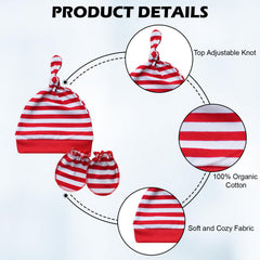 MOMISY Newborn Baby's Cotton Cap Mitten Set, 0-6 Months (IN, Age, 0 Months, 6 Months, RedStripe)